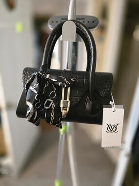 Black Croc-Texture Top-Handle Satchel with Scarf Accent